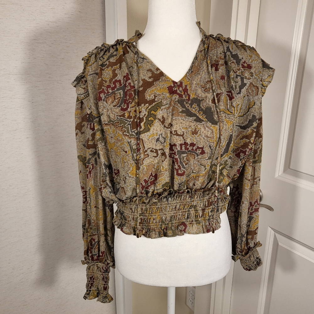 NWT Elan Cropped Balloon Sleeve Ruffle Boho Pattern Blouse Waist V-Neck Size S